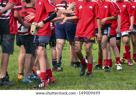 KAITAIA, NZ - AUG 03: People plays Rugby on Aug 03 2013.Rugby union is the unofficial national sport of NZ. The national team, the All Blacks, rank as the top international team in the world.