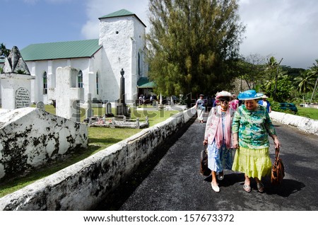 RAROTONGA - SEP 16:Cook Islanders come out the CICC church after Sunday service on Sep 16 2013.The dominant religion in the Cook Islands is Christianity since the first missionaries arrived in 1821.