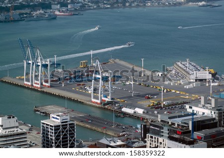 AUCKLAND,NZ - OCT 08:Container cranes on Bledisloe Wharf at Ports of Auckland on Oct 08 2013.It\'s New Zealand\'s largest commercial port, its turnover of more than NZ$20 billion per year