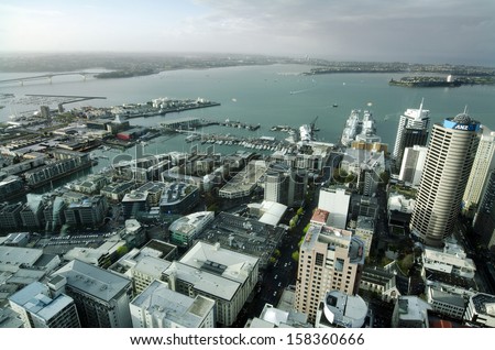 AUCKLAND, NZ - OCT 08:Aerial view of Auckland CBD from the Sky Tower on Oct 08 2013. The Economist\'s World\'s most livable cities index of 2011 ranked Auckland in 9th place.
