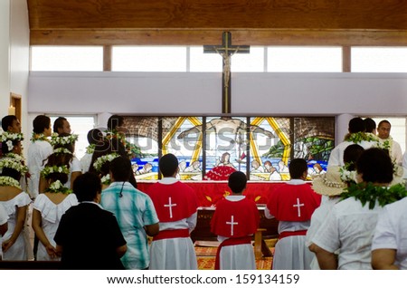 RAROTONGA - SEP 16:Sunday service at Saint Josephs Cathedral on Sep 16 2013.Saint Josephs Cathedral is the only Catholic Cathedral in the Cook Islands.