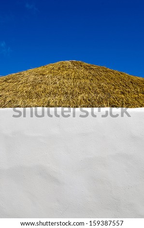 Roof of a small pacific island hut against blu sky  in Rarotonga Cook Islands.