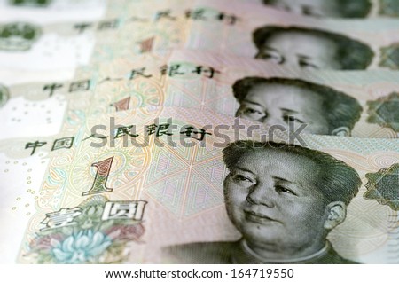 Renminbi, one Yuan bills. Chinese money and currency.