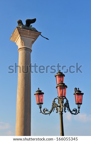 One of the Columns of San Marco and San Theodoro in Piazza San Marco - St Mark\'s Square, Venice Italy.