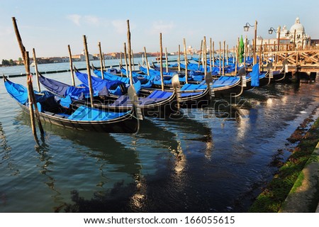 VENICE, ITALY - MAY 01 2011:Venetian Gondolas with Santa Maria della Salute church in the background in Venice, Italy.Venice Italy is one of the world\'s most beautiful and unusual cities.