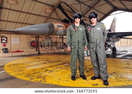 NEVATIM,ISR - APR 30:The best Israeli pilots stand beside Netz 107 on Apr 30 2010.It's the F-16 fighter jet with the highest number of interceptions and shot downs (7 enemy fighter jets) in the world.