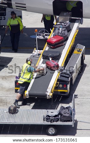 AUCKLNAD - DEC 31:Air transport luggage in Auckland International Airport on Dec 31 2013.Unaccompanied luggage led to downing of two flights when a bomb inside the suitcase exploded in 1985 and 1988.