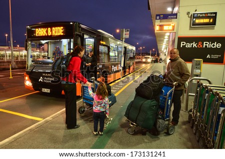 AUCKLAND - JAN 12:Passengers use Park and Ride bus at Auckland Airport on Jan 12 2013.It\'s the largest and busiest airport in New Zealand with 14,006,122 passengers.