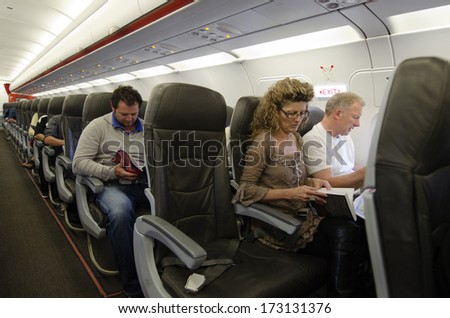 Auckland - Jan 12: Interior Of Airplane With Passengers On Seats On Jan 12 2013.The Annual Risk Of Being Killed In A Plane Crash Is 1 In 11 Million.