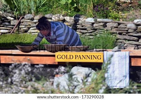 ARROWTOWN,NZ - JAN 17:Gold panning in Arrowtown on Jan 17 2014.It\'s a popular travel destination with well preserved buildings dating from the gold mining days of the town.