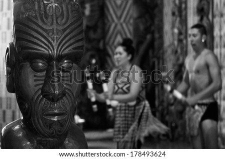WAITANGI, NZ - FEB 06:Maori people sing and dance during Waitangi Day on February 6 2014.It\'s a New Zealand public holiday to celebrate the signing of the Treaty of Waitangi in 1840. (BW)