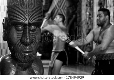 WAITANGI, NZ - FEB 06:Maori people sing and dance during Waitangi Day on February 6 2014 .It\'s a New Zealand public holiday to celebrate the signing of the Treaty of Waitangi in 1840. (BW)