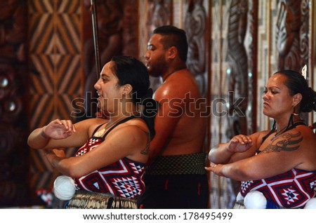 WAITANGI, NZ - FEB 06:Maori people sing and dance during Waitangi Day on February 6 2014 in Waitangi NZ.It's a New Zealand public holiday to celebrate the signing of the Treaty of Waitangi in 1840.