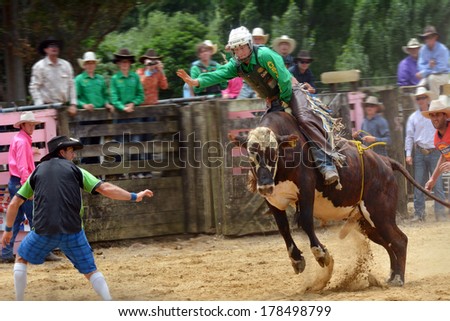 TAIPA, NZ - JAN 03:Bull riding on Jan 03 2014. Rodeo is very popular sport in New Zealand where approximately 32 rodeos, which include bull riding contests, are held each summer.