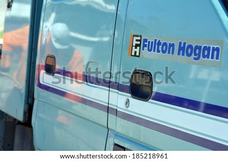 CABLE BAY, NZ - APR 01 2014:Fulton Hogan truck.Fulton Hogan is a large infrastructure construction, roadworks company in NZ and Australasia.In 2013 it\'s annual operating profit was NZ$96.5 million.