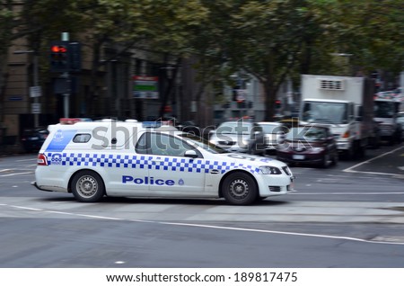 MELBOURNE, AUS - APR 14 2014:Victoria Police car.As of 2013, Victoria Police has over 12,539 sworn members across 325 police stations.It has a running cost of aprox. 2.1b $AUD (A$372 per resident).