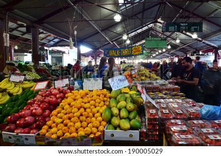 MELBOURNE, AUS - APR 12 2014: Fresh fruits and vegetables Queen Victoria Market. It is a major landmark and the largest open air market in the Southern Hemisphere.