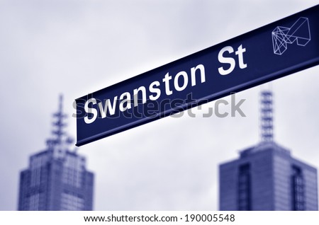 Swanston Street sign in Melbourne CBD Victoria, Australia.