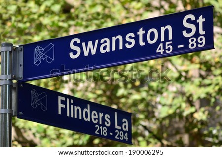 Swanston Street and Flinders lane street sign in Melbourne CBD Victoria, Australia.