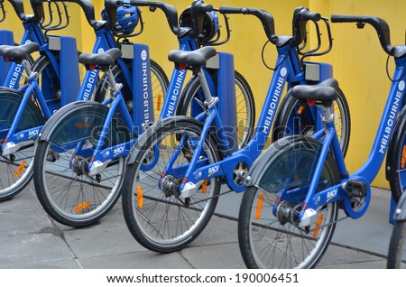 MELBOURNE, AUS - APR 11 2014:Melbourne Bike Share.With 600 bicycles operating from 51 stations. Melbourne Bike Share is one of two such systems in Australia.