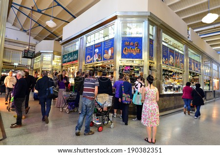 MELBOURNE, AUS - APR 12 2014: Shoppers at Queen Victoria Market. It is a major landmark and the largest open air market in the Southern Hemisphere.