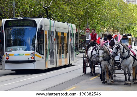 MELBOURNE,AUS - APR 13 2014:Melbourne tramway in Swanston St walk.It\'s the largest urban tramway network in the world consisted of 250 km (155.3 mi) of track, 487 trams, 30 routes and 1,763 tram stops