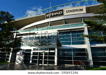 MELBOURNE - APR 14 2014:Etihad Stadium, a multi-purpose sports and entertainment stadium primarily used for Australian rules football and is the headquarters of the Australian Football League (AFL)