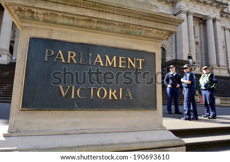 MELBOURNE - APR 14, 2014:Security on the Parliament House.It have the power to make laws for Victoria subject only to limitations placed on it by the Constitution of Australia and of the Commonwealth.