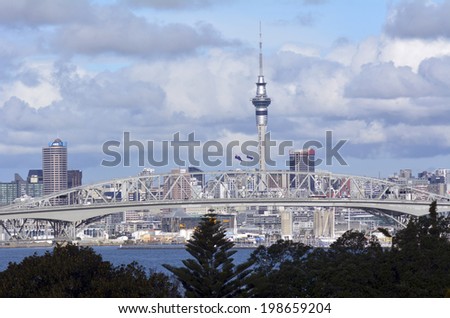 AUCKLAND,NZ - MAY 27 2014:Auckland Harbor Bridge in Auckland, New Zealand.It is the second-longest road bridge in New Zealand, and the longest in the North Island.