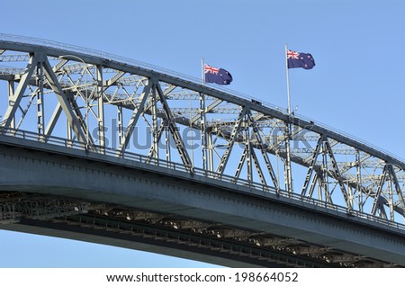 AUCKLAND,NZ - MAY 27 2014:Flags of New Zealand on Auckland Harbor Bridge.The daily average number of cars crossing the Auckland Harbour Bridge is presently around 165,000