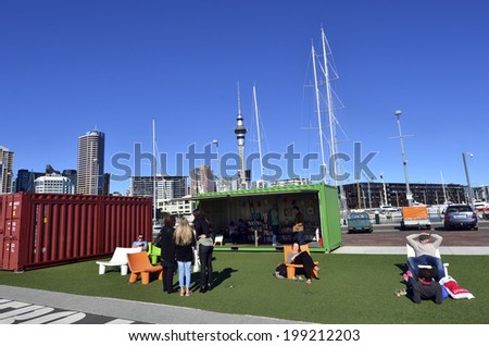 AUCKLAND - JUNE 01 2014:Street public library at Auckland Viaduct Harbor Basin. It\'s a former commercial harbor turned into a development of mostly upscale apartments, office space and restaurants.