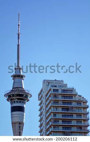 AUCKLAND - MAY 31 2014:Apartments building near Sky Tower in Auckland.House prices are booming around NZ - with the average price of an Auckland city home to rent rocketing to average of $600 per week