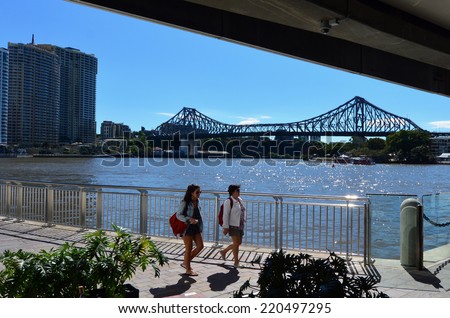 BRISBANE, AUS - SEP 26 2014:Visitors under the Story Bridge.It's the longest cantilever bridge in Australia, spanning the Brisbane River in Queensland, Australia.