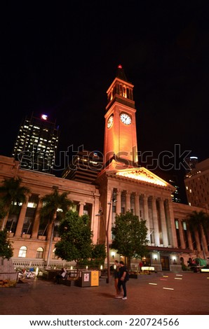 BRISBANE, AUS - SEP 25 2014:Brisbane City Hall at night.The building used for royal receptions, pageants, orchestral concerts, civic greetings, flower shows, school graduations and political meetings.