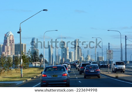 SURFERS PARADISE - OCT 13 2014:Heavy traffic in Surfers Paradise.It one of Australia\'s iconic coastal tourist destinations, drawing about 10 million tourists every year from all over the world.