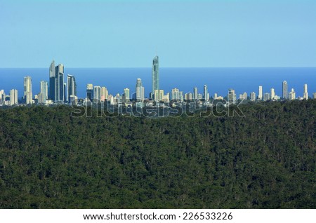 GOLD COAST - OCT 20 2014:Surfers Paradise Skyline over the Gold Coast.It one of Australia's iconic coastal tourist destinations, drawing about 10 million tourists every year from all over the world.