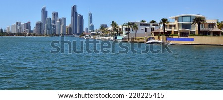 GOLD COAST - OCT 23 2014:Laxury houses in macintosh island. Australia central bank keeping a close eye on the property market amid a recent resurgence in home prices.