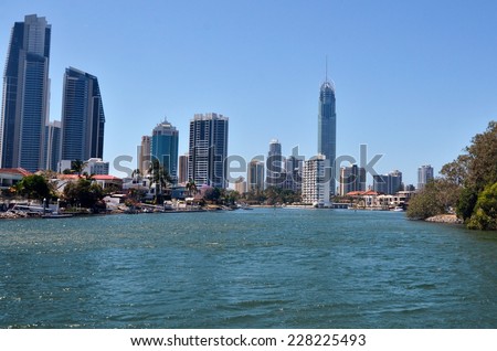 GOLD COAST - OCT 29 2014:Surfers Paradise Skyline.It one of Australia\'s iconic coastal tourist destinations, drawing about 10 million tourists every year from all over the world.