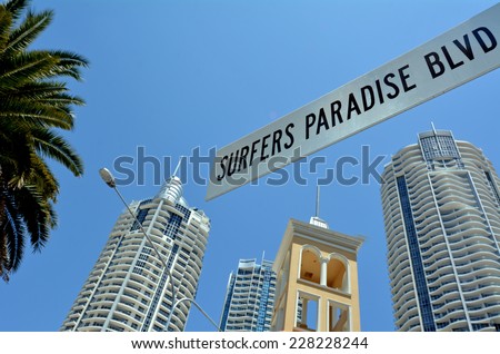 Street sign of Surfers paradise Blvd in Surfers Paradise Gold Coast Australia.It\'s the heart of Gold Coast entertainment district.