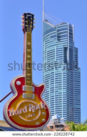 SURFERS PARADISE, AUS - OCT 28 2014:Huge Guitar at Hard Rock Cafe Gold Coast Australia.Currently, there are 191 Hard Rock locations in 59 countries including 145 cafes, 21 hotels and 10 casinos.