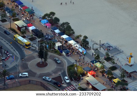 SURFERS PARADISE AUS - NOV 05 2014:Aerial view of Surfers Paradise Beachfront Markets.It\'s the largest Night Market in Gold Coast Queensland, Australia.