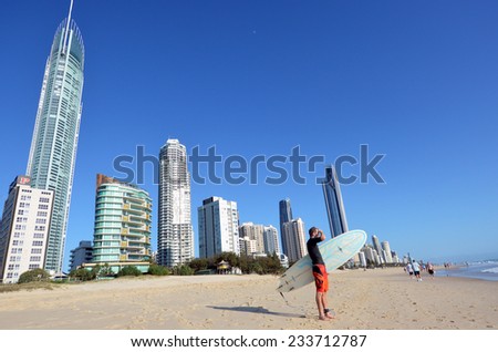 SURFERS PARADISE - NOV 14 2014:Surfer checking the waves in Surfers Paradise.It one of Australia\'s iconic coastal tourist destinations, drawing millions of surfers from all over the world.