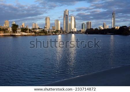 Surfers Paradise skyline during sunset in Gold Coast Queensland, Australia.