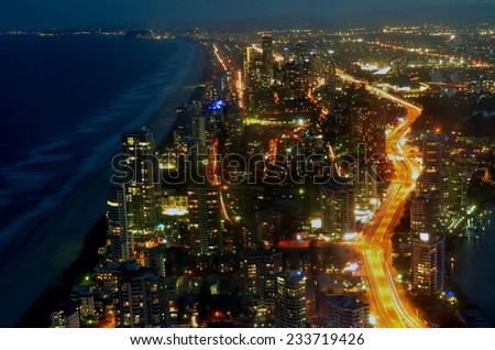SURFERS PARADISE - NOV 14 2014:Surfers Paradise CBD at night in Gold Coast, Australia.It's Australia's iconic coastal tourist destinations drawing 10 million tourists a year from all over the world.