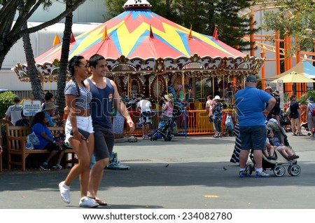 GOLD COAST, AUS -  NOV 06 2014:Visitors in Movie World Gold Coast Queensland Australia.The park opened in 1991 and contains various movie-themed rides and attractions.