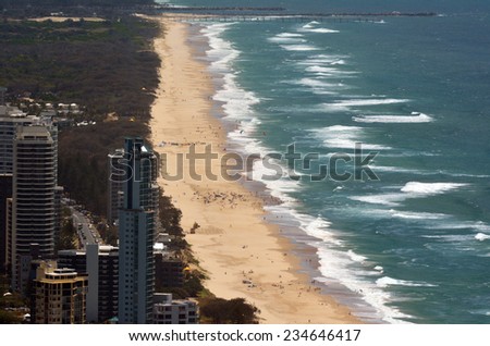 SURFERS PARADISE - NOV 14 2014:Aerial view of Main beach in Surfers Paradise.It one of Australia\'s iconic coastal tourist destinations, drawing 10 million tourists every year from all over the world.