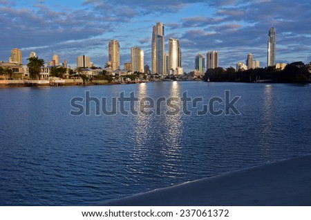 Surfers Paradise skyline during sunset in Gold Coast Queensland, Australia.