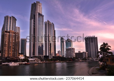 SURFERS PARADISE, AUS - NOV 16 2014:Surfers Paradise skyline at dusk.It one of Australia\'s iconic coastal tourist destinations, drawing about 10 million tourists every year from all over the world.