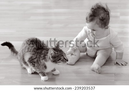 Baby (girl age 06 months) sits and plays with a pet animal (domestic cat) at home. Concept photo animals and children. (BW)