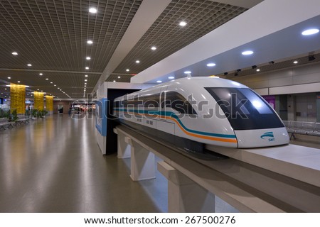 SHANGHAI, CN - MAR 15 2015:Model of Shanghai Maglev Train in the Train Station. The line is the first commercially operated high-speed magnetic levitation line in the world